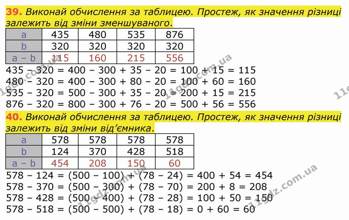 39. Виконай обчислення за таблицею. Простеж, як значення різниці залежить від зміни зменшуваного. — ГДЗ Математика 4 клас Оляницька