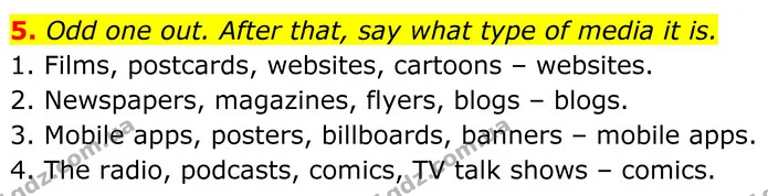 5. Odd one out. After that, say what type of media it is. — ГДЗ Англійська мова 8 клас Карпюк 2025