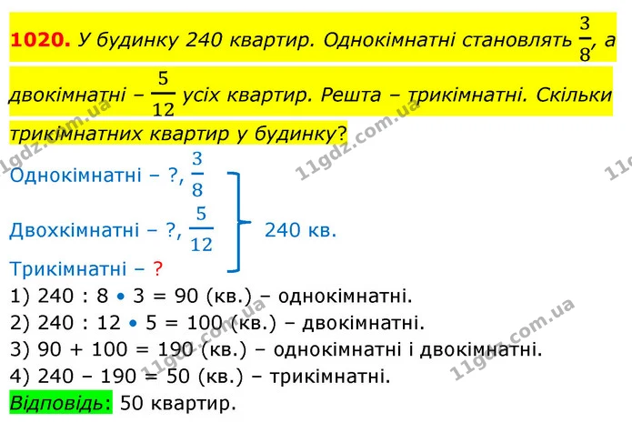 1020. У будинку 240 квартир. Однокімнатні становлять 38, а двокімнатні – 512 усіх квартир. Решта – трикімнатні. Скільки трикімнатних — ГДЗ Математика 5 клас Бевз