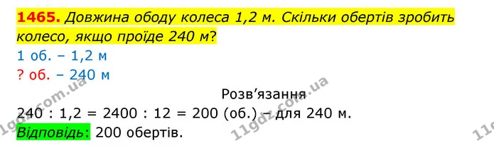 1465. Довжина ободу колеса 1,2 м. Скільки обертів зробить колесо, якщо проїде 240 м? — ГДЗ Математика 5 клас Бевз
