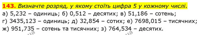 143. Визначте розряд, у якому стоїть цифра 5 у кожному числі. — ГДЗ Математика 6 клас Біос 1-2 ч.