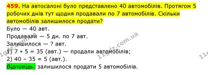 459. На автосалоні було представлено 40 автомобілів. Протягом 5 робочих днів тут щодня продавали по 7 автомобілів. Скільки автомобілів — ГДЗ Математика 3 клас Будна 1-2 ч.
