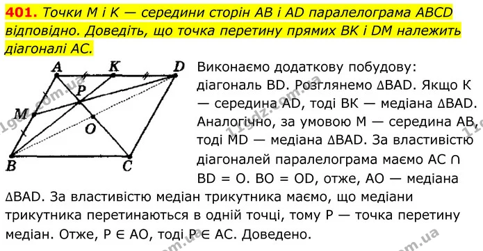 401. Точки M i K — середини сторін AB і AD паралелограма ABCD — ГДЗ Геометрія 8 клас Мерзляк