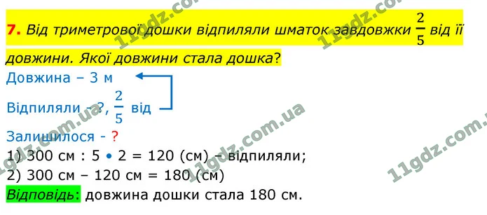 7. Від триметрової дошки відпиляли шматок завдовжки 25 від її довжини. Якої довжини стала дошка? — ГДЗ Математика 4 клас Логачевська 1-2 ч. 2021