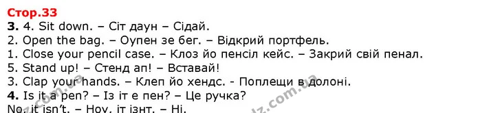 3. 4. Sit down. – Сіт даун – Сідай. — Решебник English 1 клас Карпюк 2018