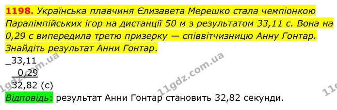 1198. Українська плавчиня Єлизавета Мерешко стала чемпіонкою Паралімпійських ігор на дистанції 50 м з результатом 33,11 с. Вона на 0,29 — ГДЗ Математика 5 клас Кравчук
