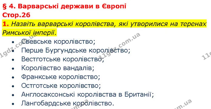 1. Назвіть варварські королівства, які утворилися на теренах Римської імперії. — ГДЗ Всесвітня історія 7 клас Щупак