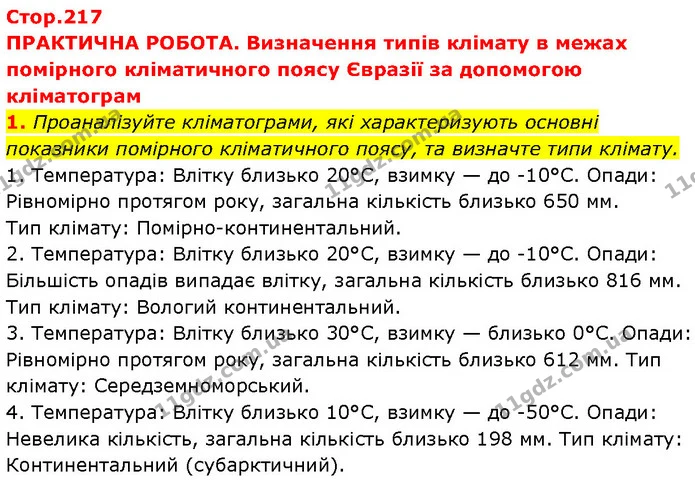 1. Проаналізуйте кліматограми, які характеризують основні показники помірного кліматичного поясу, та визначте типи клімату. — ГДЗ Географія 7 клас Гільберг