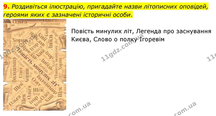 9. Роздивіться ілюстрацію, пригадайте назви літописних оповідей, героями яких є зазначені історичні особи. — ГДЗ Українська література 5 клас Заболотний