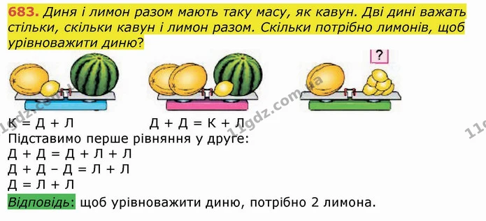 683. Диня і лимон разом мають таку масу, як кавун. Дві дині важать стільки, скільки кавун і лимон разом. Скільки потрібно лимонів, щоб — ГДЗ Математика 4 клас Лишенко 1-2 ч.