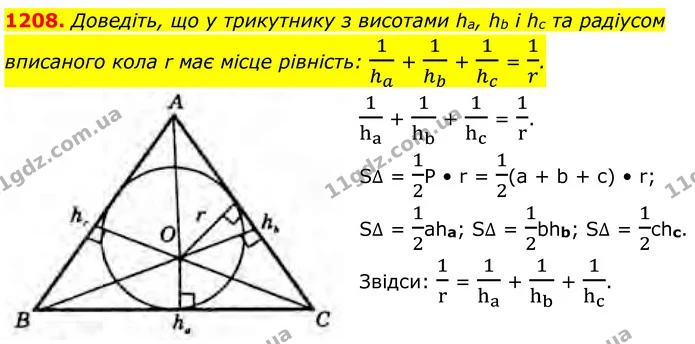 1208. Доведіть, що у трикутнику з висотами ha, hb і hc та радіусом — ГДЗ Геометрія 8 клас Бурда