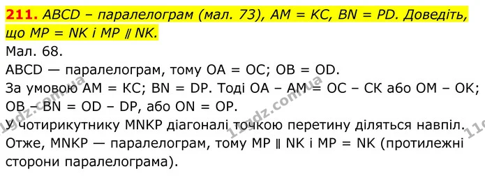 211. ABCD – паралелограм (мал. 73), AM = KC, BN = PD. Доведіть, що MP = NK і MP ∥ NK. — ГДЗ Геометрія 8 клас Бурда