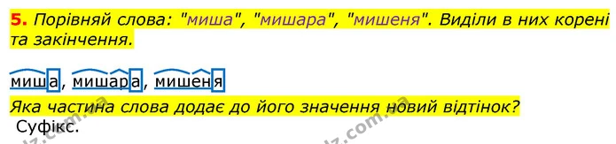 5. Порівняй слова: "миша", "мишара", "мишеня". Виділи в них корені та закінчення. — ГДЗ Українська мова та читання 3 клас Остапенко 1-2 ч.