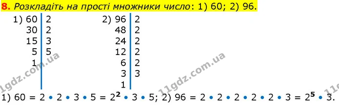 8. Розкладіть на прості множники число: 1) 60; 2) 96. — ГДЗ Алгебра 7 клас Істер 2024