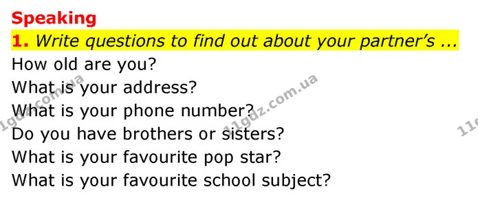 1. Write questions to find out about your partner’s ... — ГДЗ Англійська мова 6 клас Коста (Prepare 6)