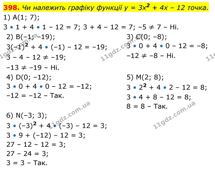 398. Чи належить графіку функції y = 3x2 + 4x – 12 точка. — ГДЗ Алгебра 9 клас Тарасенкова