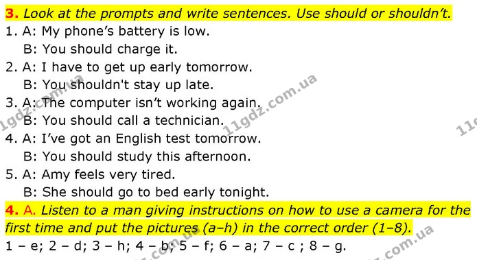 3. Look at the prompts and write sentences. Use should or shouldn’t. — ГДЗ Англійська мова 7 клас Мітчелл