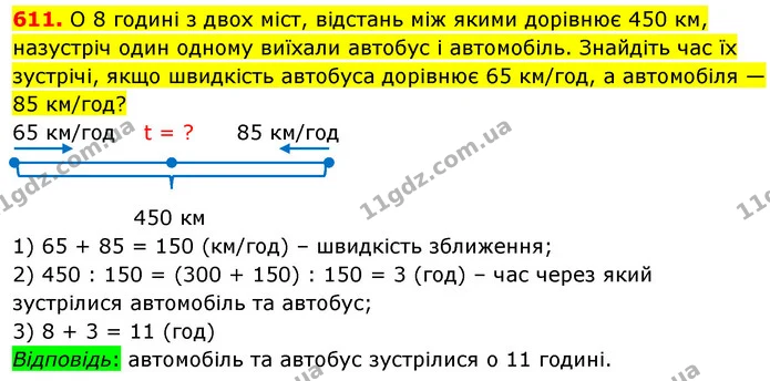 611. О 8 годині з двох міст, відстань між якими дорівнює 450 км, назустріч один одному виїхали автобус і автомобіль. Знайдіть час їх — ГДЗ Математика 5 клас Кравчук