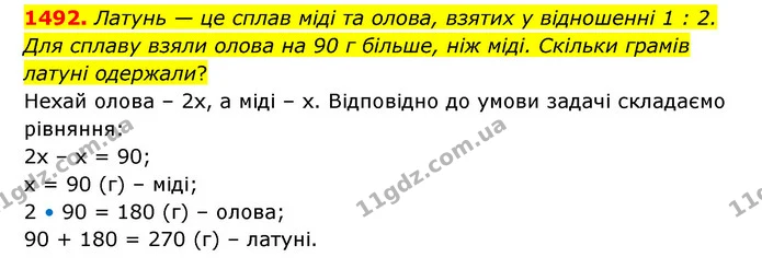 1492. Латунь — це сплав міді та олова, взятих у відношенні 1 : 2. Для сплаву взяли олова на 90 г більше, ніж міді. Скільки грамів — ГДЗ Математика 6 клас Тарасенкова 2023 1-2 ч.