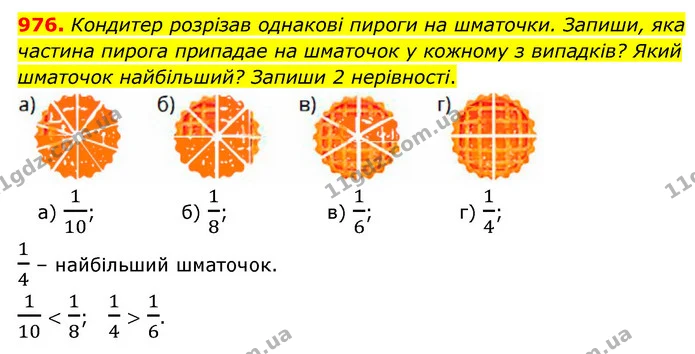 976. Кондитер розрiзав однаковi пироги на шматочки. Запиши, яка частина пирога припадае на шматочок у кожному з випадкiв? Який шматочок — ГДЗ Математика 5 клас Бевз