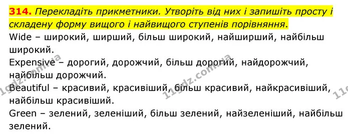 314. Перекладіть прикметники. Утворіть від них і запишіть просту і складену форму вищого і найвищого ступенів порівняння. — ГДЗ Українська мова 6 клас Голуб 2023