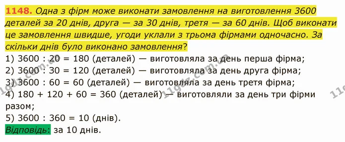 1148. Одна з фірм може виконати замовлення на виготовлення 3600 деталей за 20 днів, друга — за 30 днів, третя — за 60 днів. Щоб — ГДЗ Математика 5 клас Істер 2022