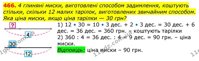 466. 4 глиняні миски, виготовлені способом задимлення, коштують стільки, скільки 12 малих тарілок, виготовлених звичайним способом. Яка — ГДЗ Математика 3 клас Лишенко (1, 2 частина)