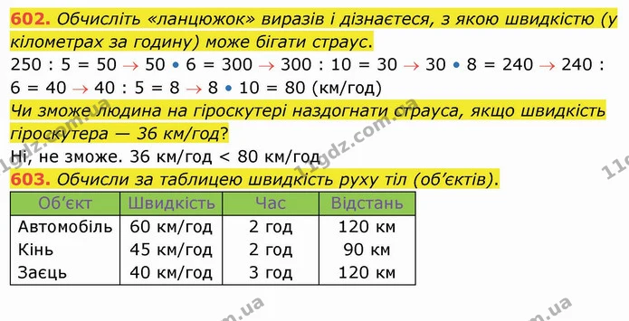 602. Обчисліть «ланцюжок» виразів і дізнаєтеся, з якою швидкістю (у кілометрах за годину) може бігати страус. — ГДЗ Математика 4 клас Оляницька