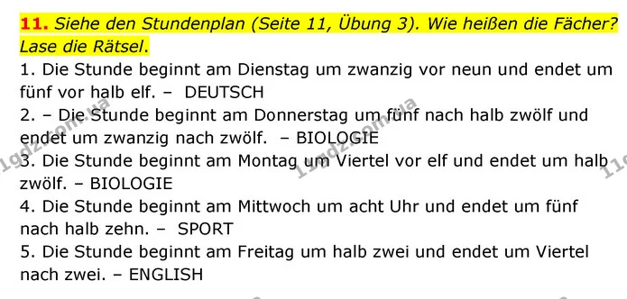 11. Siehe den Stundenplan (Seite 11, Übung 3). Wie heißen die Fächer? Lase die Rätsel. — ГДЗ Німецька мова 6 клас Басай (2023)