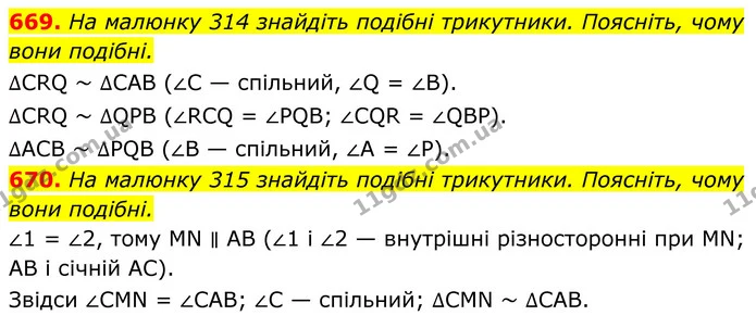 669. На малюнку 314 знайдіть подібні трикутники. Поясніть, чому вони подібні. — ГДЗ Геометрія 8 клас Бурда