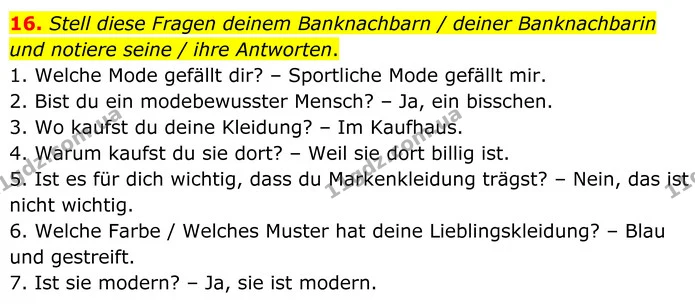 16. Stell diese Fragen deinem Banknachbarn / deiner Banknachbarin und notiere seine / ihre Antworten. — ГДЗ робочий зошит Німецька мова 8 клас Басай