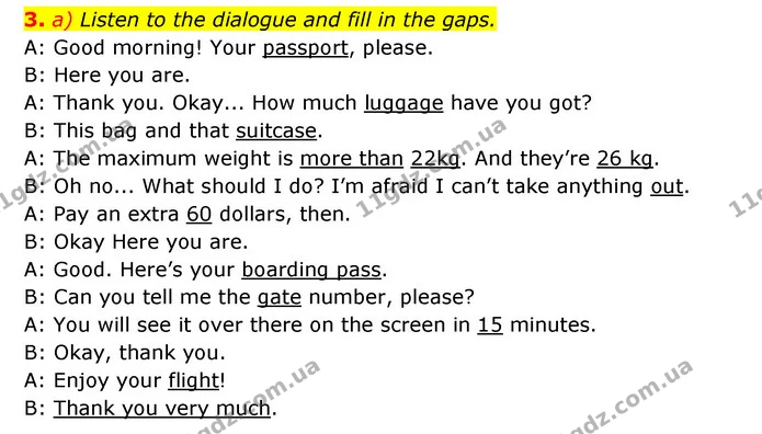 3. a) Listen to the dialogue and fill in the gaps. — ГДЗ Робочий зошит Англійська мова 6 клас Карпюк