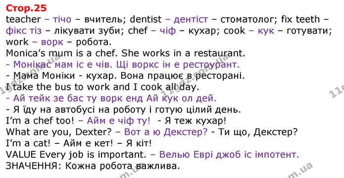 teacher – тічо – вчитель; dentist – дентіст – стоматолог; fix teeth – фікс тіз – лікувати зуби; chef – чіф – кухар; cook – кук – — ГДЗ Англійська мова 3 клас Мітчелл