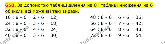 650. За допомогою таблиці ділення на 8 і таблиці множення на 6 обчисли всі можливі такі вирази. — ГДЗ Математика 3 клас Будна 1-2 ч.