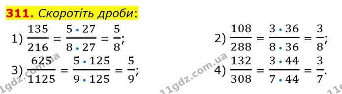 311. Скоротіть дроби: — ГДЗ Математика 6 клас Тарасенкова 2023 1-2 ч.