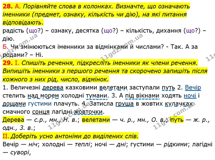 29. І. Спишіть речення, підкресліть іменники як члени речення. Випишіть іменники з першого речення та скорочено запишіть після кожного — ГДЗ Українська мова 6 клас Заболотний 2019