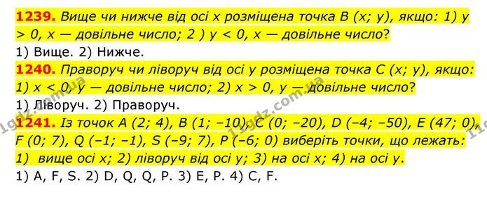 1239. Вище чи нижче від осі х розміщена точка В (х; у), якщо: 1) у > 0, х — довільне число; 2 ) у < 0, х — довільне число? — ГДЗ Математика 6 клас Мерзляк 2023 1-2 ч.
