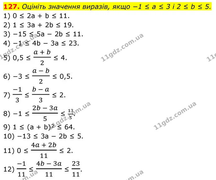 127. Оцініть значення виразів, якщо −1 ≤ a ≤ 3 і 2 ≤ b ≤ 5. — ГДЗ Алгебра 9 клас Тарасенкова
