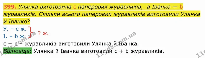 399. Улянка виготовила с паперових журавликів, а Іванко — b журавликів. Скільки всього паперових журавликів виготовили Улянка й Іванко? — ГДЗ Математика 3 клас Листопад 1-2 ч.