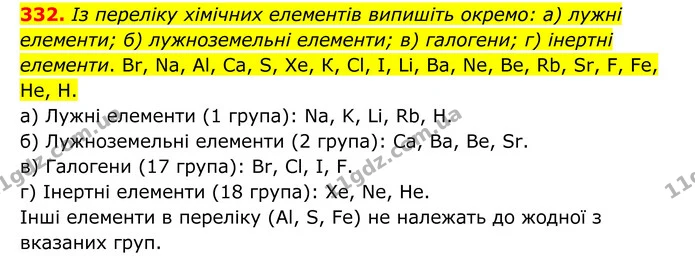 332. Із переліку хімічних елементів випишіть окремо: а) лужні елементи; б) лужноземельні елементи; в) галогени; г) інертні елементи — ГДЗ Хімія 8 клас Григорович