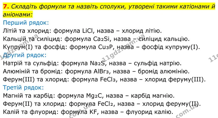 7. Складіть формули та назвіть сполуки, утворені такими катіонами й аніонами: — ГДЗ Хімія 8 клас Мідак