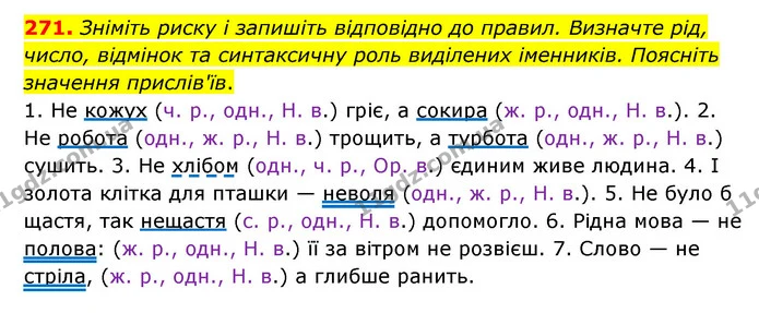 271. Зніміть риску і запишіть відповідно до правил. Визначте рід, число, відмінок та синтаксичну роль виділених іменників. Поясніть — ГДЗ Українська мова 6 клас Голуб 2023