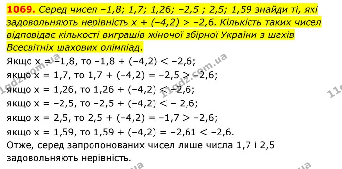1069. Серед чисел –1,8; 1,7; 1,26; –2,5 ; 2,5; 1,59 знайди ті, які задовольняють нерівність х + (–4,2) > –2,6. Кількість таких чисел — ГДЗ Математика 6 клас Істер 2023 1-2 ч.