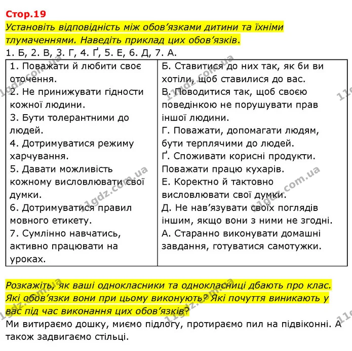 Установіть відповідність між обов’язками дитини та їхніми тлумаченнями. Наведіть приклад цих обов’язків. — ГДЗ Я досліджую світ 3 клас Гільберг 1-2 ч.