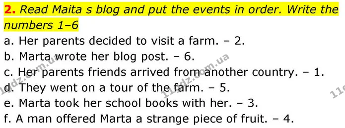 2. Read Maita s blog and put the events in order. Write the — ГДЗ робочий зошит Англійська мова 8 клас Гарет Джонс 2025
