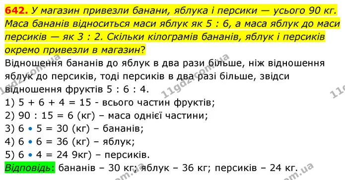 642. У магазин привезли банани, яблука і персики — усього 90 кг. Маса бананів відноситься маси яблук як 5 : 6, а маса яблук до маси — ГДЗ Математика 6 клас Кравчук 2023