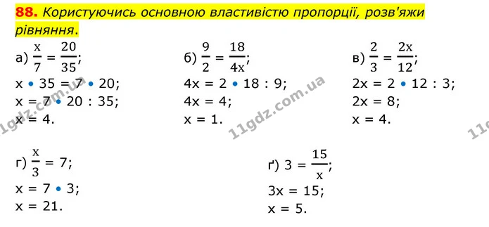 88. Користуючись основною властивістю пропорції, розв'яжи рівняння. — ГДЗ Математика 6 клас Бевз 1-2 ч.