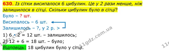 630. Із сітки висипалося 6 цибулин. Це у 2 рази менше, ніж залишилося в сітці. Скільки цибулин було в сітці? — ГДЗ Математика 3 клас Бевз 1 частина