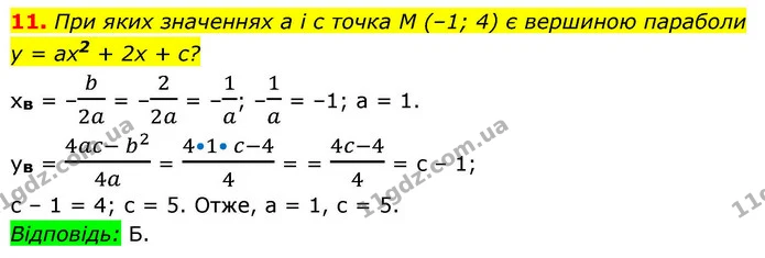 11. При яких значеннях a і c точка М (–1; 4) є вершиною параболи — ГДЗ Алгебра 9 клас Істер