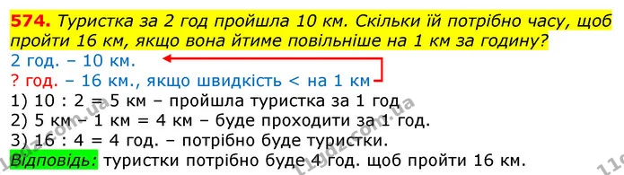 574. Туристка за 2 год пройшла 10 км. Скільки їй потрібно часу, щоб пройти 16 км, якщо вона йтиме повільніше на 1 км за годину? — ГДЗ Математика 3 клас Лишенко (1, 2 частина)